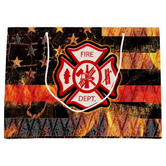 Grand Sac Cadeau Croix et flammes des pompiers (Devant)