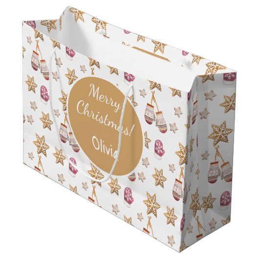 Grand Sac Cadeau Cute Aquarelle Snowman Cookies Monogramme (Devant Angle)