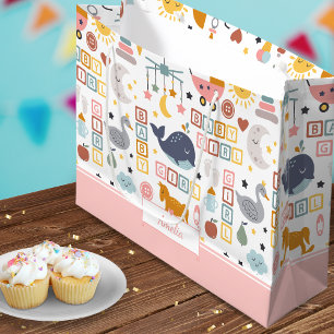 Grand Sac Cadeau Cute Baby Girl Pink Pattern with Name Baby Shower