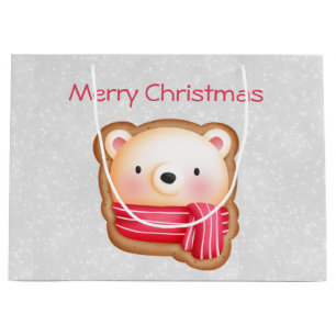 Grand Sac Cadeau Cute Bear Face Red Scarf et Rosy Cheeks Christmas