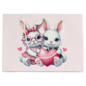 Grand Sac Cadeau Cute Bunnies Sharing a Heart (Devant)
