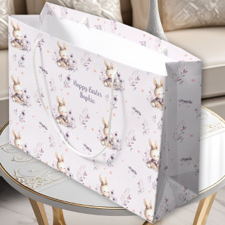 Grand Sac Cadeau Cute Bunny Girl Nom personnalisé Purple Pâques