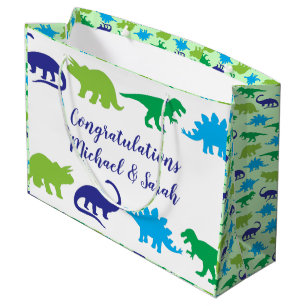 Grand Sac Cadeau Cute Dinosaur Baby shower Dino Blue et Green Boy