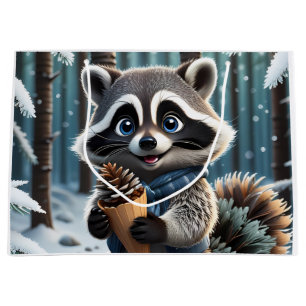 Grand Sac Cadeau Cute Kawaii style Raccoon avec cône crème de pin