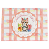 Grand Sac Cadeau Cute Kitten Coral Plaid Personnalisé Anniversaire (Dos)
