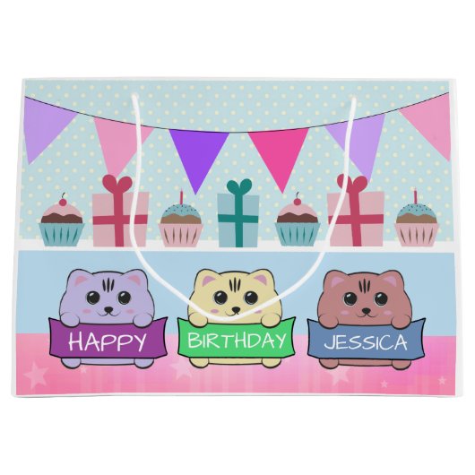 Grand Sac Cadeau Cute Kittens Personalised Happy Birthday (Devant)