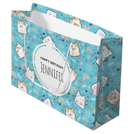Grand Sac Cadeau Cute Kitty Chat Motif Whimsical Anniversaire (Devant Angle)