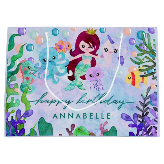 Grand Sac Cadeau Cute Ocean Animals Mermaid Thème Joyeux Anniversai (Devant)