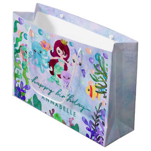 Grand Sac Cadeau Cute Ocean Animals Mermaid Thème Joyeux Anniversai