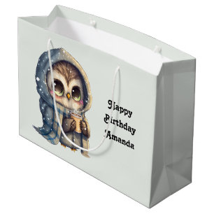 Grand Sac Cadeau Cute Owl tenant un café anniversaire