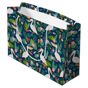 Grand Sac Cadeau Cute pélicans coloré fleurs tropicales motif