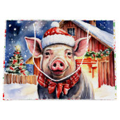 Grand Sac Cadeau Cute rustique Cochon de Noël et Grange (Devant)