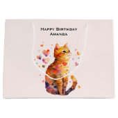 Grand Sac Cadeau Cute Tabby Chat avec Coeurs Anniversaire (Devant)