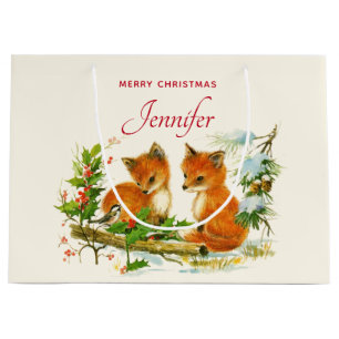 Grand Sac Cadeau Cute Vintage Foxes Retro Christmas Scene