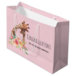 Grand Sac Cadeau Cute Watercolor Giraffe Maman & Baby Girl