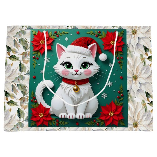 Grand Sac Cadeau Cute White Cat and Poinsettia Christmas (Devant)