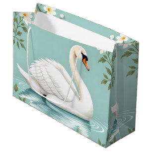 Grand Sac Cadeau Cygne blanc élégant floral bleu
