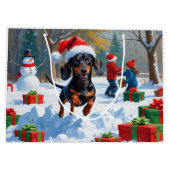 Grand Sac Cadeau Dachshund Courir en neige avec Casquette de Noël (Dos)