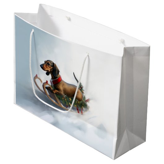Grand Sac Cadeau Dachshund hiver neige de Noël (Devant Angle)