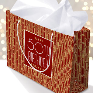 Grand Sac Cadeau Déco Anniversaire Tout Âge Nom Rouge Or Élégant