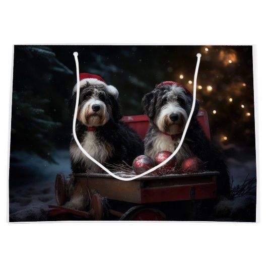 Grand Sac Cadeau Décor de Noël Bernedoodle Snowy Sleigh (Devant)