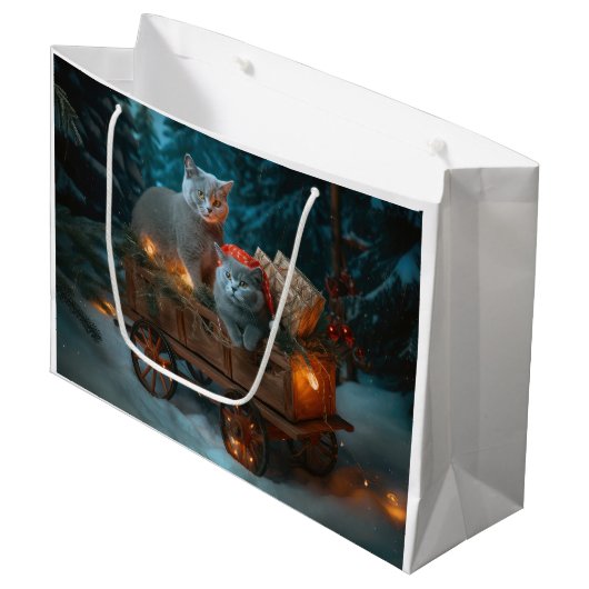 Grand Sac Cadeau Décor de Noël russe Blue Cat Snowy Sleigh (Devant Angle)