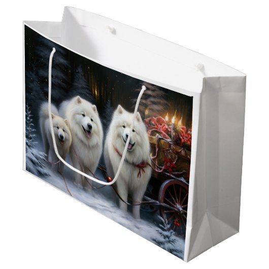 Grand Sac Cadeau Décor de Noël Samoyed Snowy Sleigh (Devant Angle)