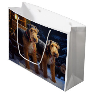 Grand Sac Cadeau Décoration de Noël Traîneau enneigé d'Airedale