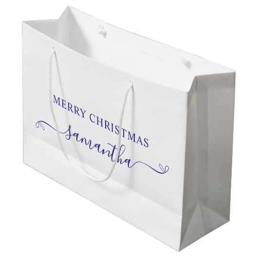 Grand Sac Cadeau Deep Blue Merry Christmas Cute Bow Signature Nom (Devant Angle)