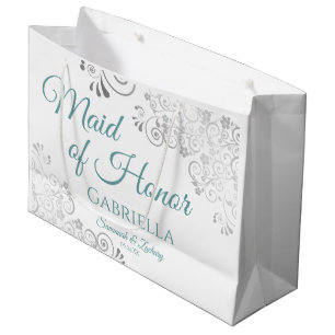 Grand Sac Cadeau Dentelle d'argent Turquoise sur la femme blanche d