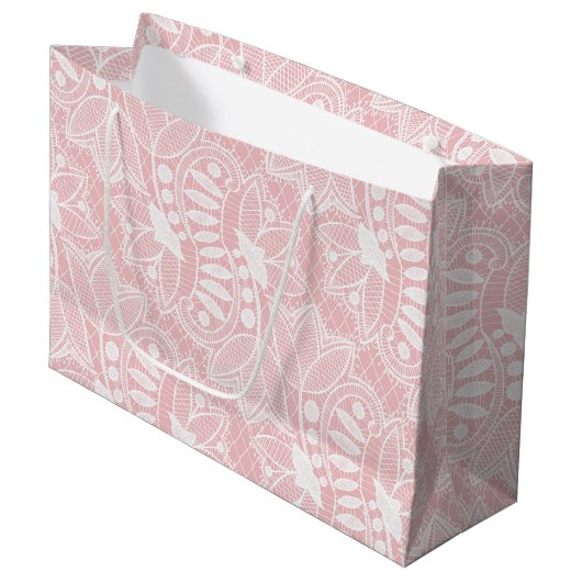Grand Sac Cadeau Dentelle florale rose (Devant Angle)
