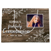 Grand Sac Cadeau Dentelle rustique en bois Première sainte communio (Devant)