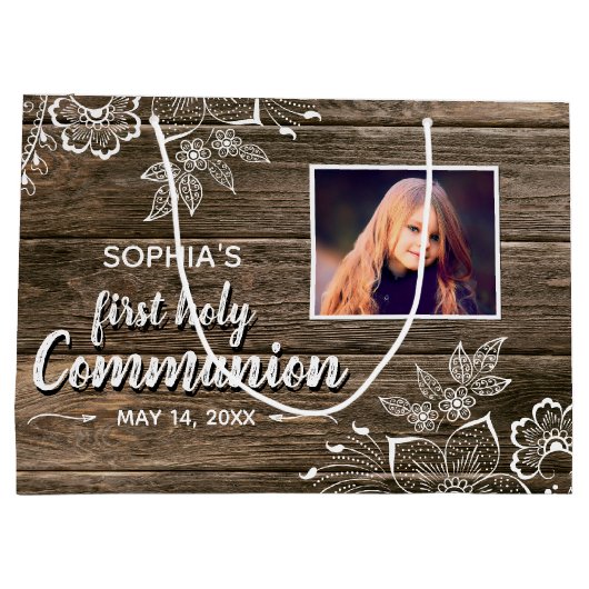 Grand Sac Cadeau Dentelle rustique en bois Première sainte communio (Dos)