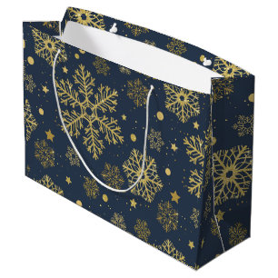 Grand Sac Cadeau Des flocons dorés sur la marine