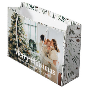 Grand Sac Cadeau Design élégant aquarelle feuillage photo Noël
