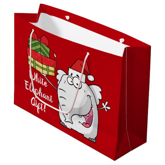 Grand Sac Cadeau Dessin-dessin de l'éléphant blanc Santa Hat (Devant Angle)
