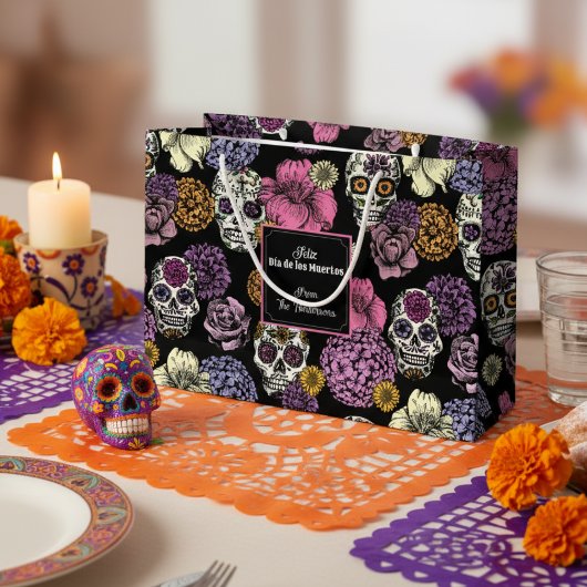 Grand Sac Cadeau Dia de los Muertos Mexicains Crânes et fleurs à su