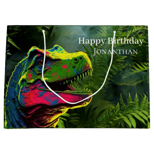 Grand Sac Cadeau Dinosaur Pink Jungle heureux Anniversaire (Devant)