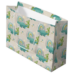 GRAND SAC CADEAU DINOSAURES ET COUPEAUX TURQUOISE ADORABLES