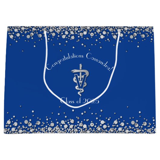 Grand Sac Cadeau Diplôme de Vétérinaire Bleu Argent (Devant)