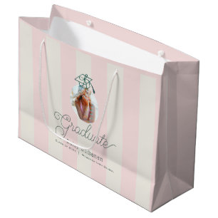 Grand Sac Cadeau Diplôme Photo Casquette Verte Rayures Roses Ruban
