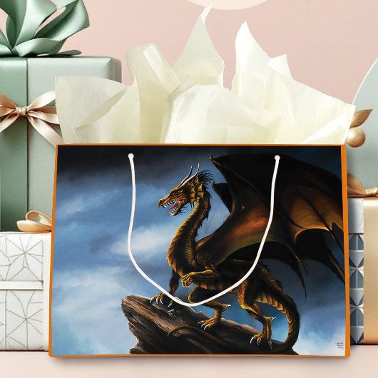 Grand Sac Cadeau Dragon noir cuivre or