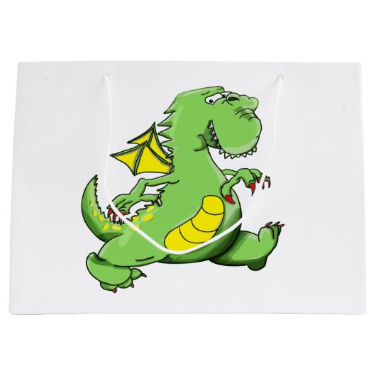 Grand Sac Cadeau Dragon vert caricature marchant sur ses pieds (Devant)