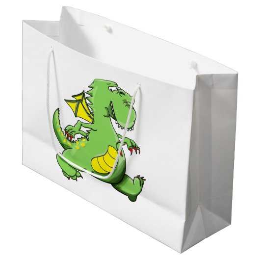 Grand Sac Cadeau Dragon vert caricature marchant sur ses pieds (Devant Angle)