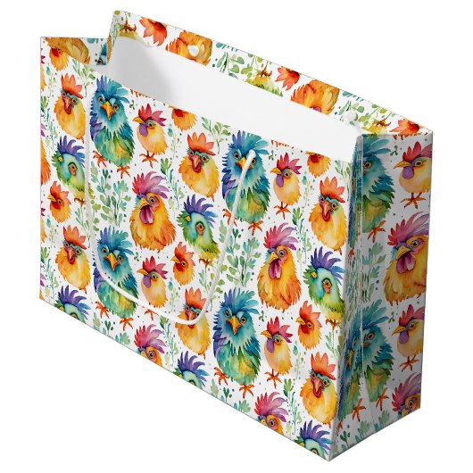 Grand Sac Cadeau Drôle Whimsical Poulets colorés Anniversaire (Devant Angle)
