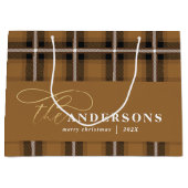 Grand Sac Cadeau Ecriture or moutarde plaid tartan rustique Noël (Devant)