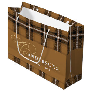 Grand Sac Cadeau Ecriture or moutarde plaid tartan rustique Noël