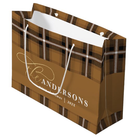 Grand Sac Cadeau Ecriture or moutarde plaid tartan rustique Noël (Devant Angle)
