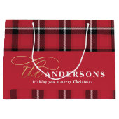 Grand Sac Cadeau Écriture or rouge plaid tartan rustique Noël Larg (Devant)