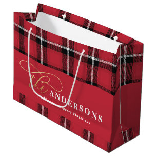 Grand Sac Cadeau Écriture or rouge plaid tartan rustique Noël Larg
